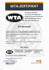 WTA-Zertifikat Wirksamkeit SAG Inject Mauerwerksabdichtung gegen Feuchtigkeit WTA-Zertifikat Wirksamkeit SAG Inject Mauerwerksabdichtung gegen Feuchtigkeit